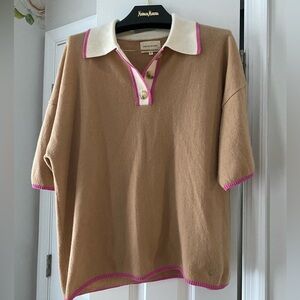 LOULOU studio wool oversized polo shirt camel with pink trim size S